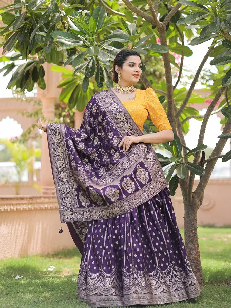 Purple Color Indian Bridal Viscose Chanderi Lehenga Choli With Zari Weaving