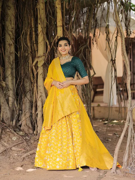 Yellow Color Indian Bridal Viscose Chanderi Lehenga Choli With Zari Weaving