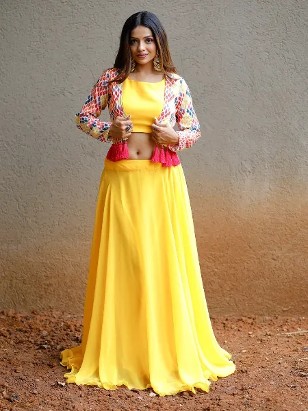 Yellow Party Wear Readymade Lehenga Choli With 8 Meter Flair and Sequence Koti