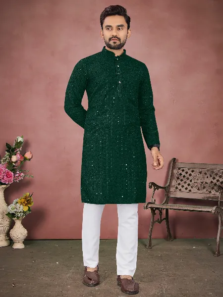 Green Color Men's Traditional Kurta Pajama Set in Rayon With Sequence Embroidery