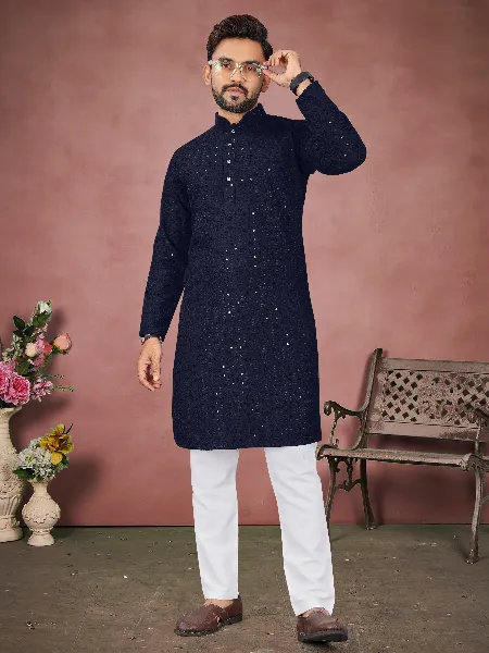 Navy Blue Color Men's Traditional Kurta Pajama Set in Rayon With Sequence Embroidery