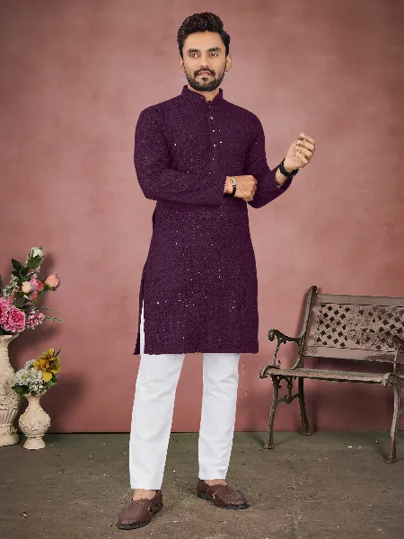 Wine Color Men's Traditional Kurta Pajama Set in Rayon With Sequence Embroidery
