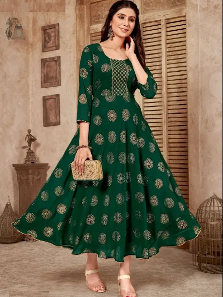 Green Color Plus Size Gown in Georgette With Neck Embroidery and Foil Print