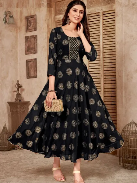 Black Color Plus Size Gown in Georgette With Neck Embroidery and Foil Print