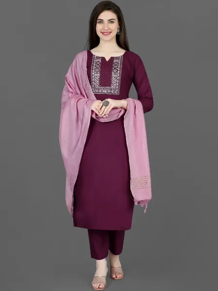 WIne Color Cotton Kurta Pant and Dupatta Set With Embroidery on Neck