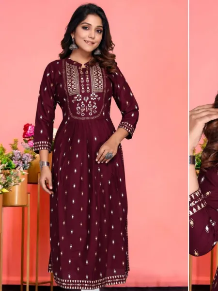 Wine Color Plus Size Nyra Cut Kurti in Rayon With Foil Print and Mirror