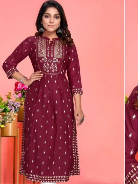 Maroon Color Plus Size Nyra Cut Kurti in Rayon With Foil Print and Mirror