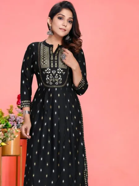 Black Color Plus Size Nyra Cut Kurti in Rayon With Foil Print and Mirror