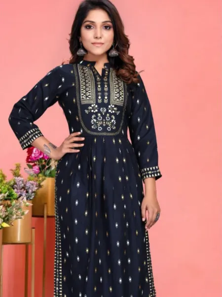 Navy Blue Color Plus Size Nyra Cut Kurti in Rayon With Foil Print and Mirror