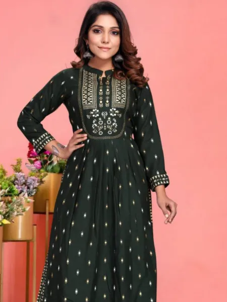 Green Color Plus Size Nyra Cut Kurti in Rayon With Foil Print and Mirror