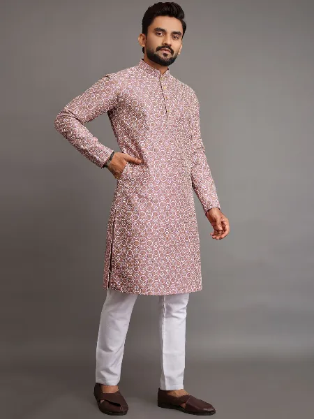 Pink Lucknowi Work Silk Men's Kurta Pajama Set for Wedding Parties and Reception