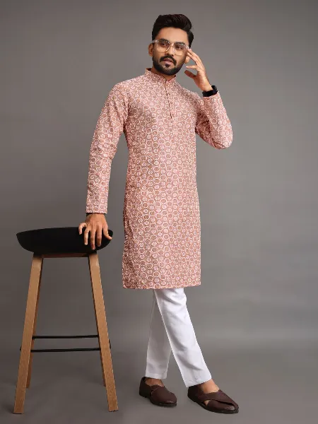 Peach Lucknowi Work Silk Men's Kurta Pajama Set for Wedding Parties and Reception