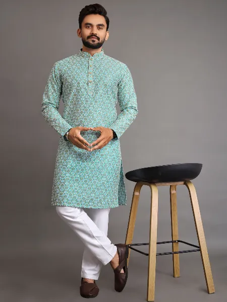 Sky Blue Lucknowi Work Silk Men's Kurta Pajama Set for Wedding Parties and Reception