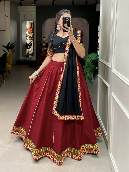 Navratri Chaniya Choli With Gamthi and Real Mirror Work in Maroon Ready to Wear Navaratri Lehenga