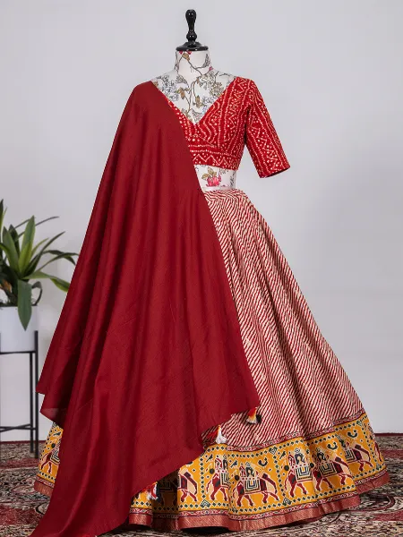 Red Color Cotton Lehenga Choli With Digital Print and Foil Work With Dupatta