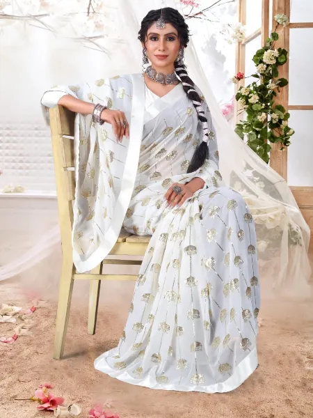 White Color Sequence Work Saree in Georgette With Satin Border for Party Wear