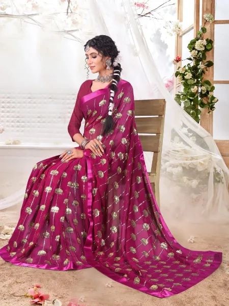 Wine Color Sequence Work Saree in Georgette With Satin Border for Party Wear