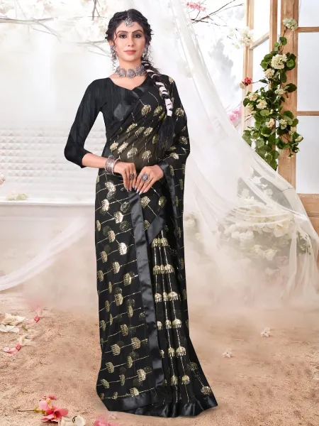 Black Color Sequence Work Saree in Georgette With Satin Border for Party Wear