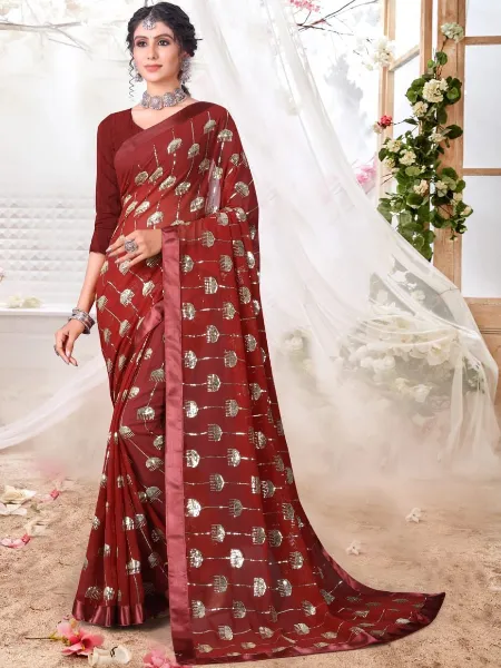 Maroon Color Sequence Work Saree in Georgette With Satin Border for Party Wear