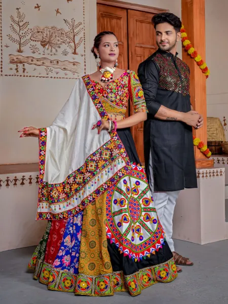 Navratri Couple Combo Readymade Chaniya Choli and Men's Kurta Pajama Set in Black