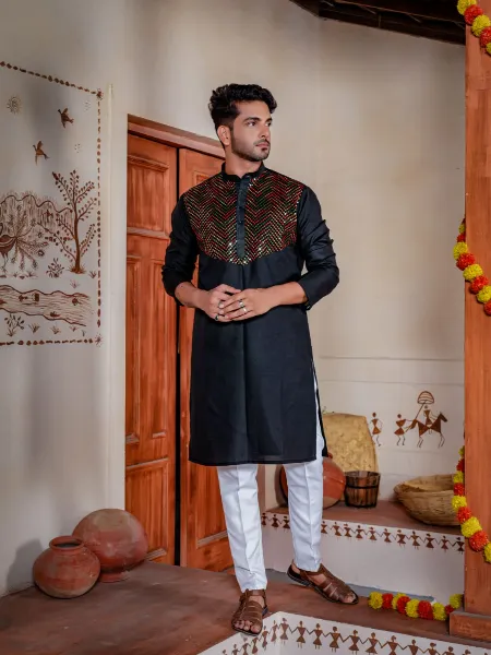 Navratri Kurta for Mens in Cotton With Pajama and Sequence Work