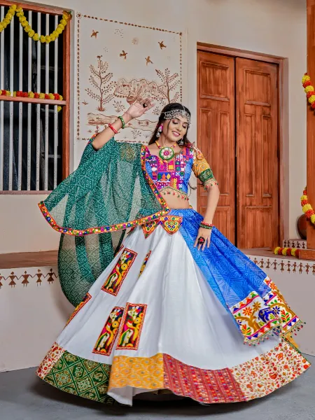 Navratri Lehenga Choli With Kutchi Work and Real Mirror Ready to Wear 5.25 Meter Flair in White