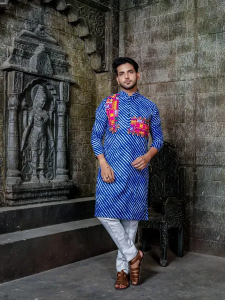 Navratri Kurta for Mens in Royal Blue Muslin With Pajama and Sequence Work