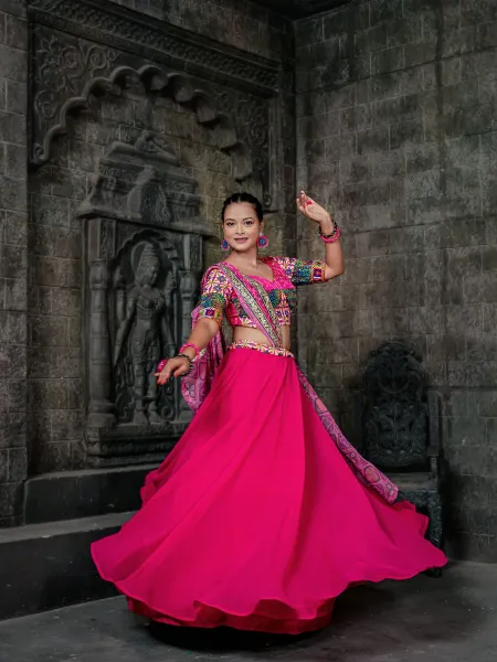 Pink Navaratri Chaniya Choli in Georgette With Embroidery and Sequence Ready to Wear 8 Meter Flair