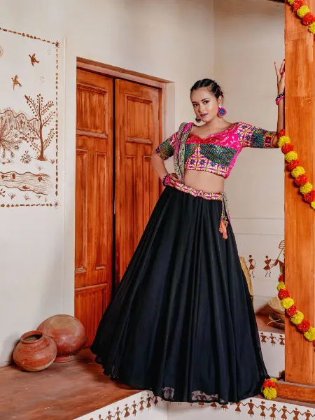 Black Navaratri Chaniya Choli in Georgette With Embroidery and Sequence Ready to Wear 8 Meter Flair