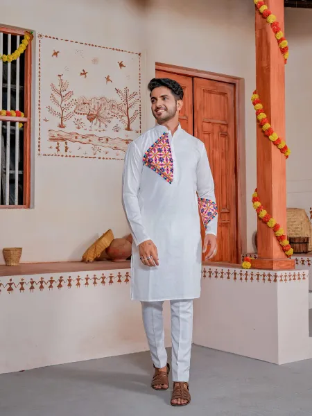 White Navratri Kurta for Mens in Slub Cotton With Pajama and Gamthi Work