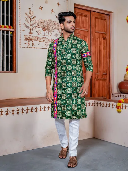 Green Navratri Kurta for Mens in Rayon With Pajama and Kutchi with Digital Print Work