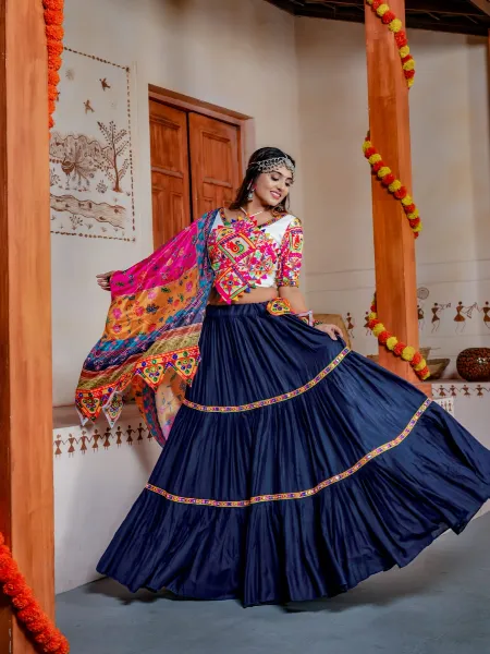 Navratri Lehenga Choli With Kutchi Work and Real Mirror Ready to Wear 8 Meter Flair in Blue