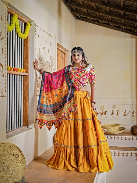 Navratri Lehenga Choli With Kutchi Work and Real Mirror Ready to Wear 8 Meter Flair in Yellow