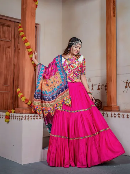 Navratri Lehenga Choli With Kutchi Work and Real Mirror Ready to Wear 8 Meter Flair in Pink