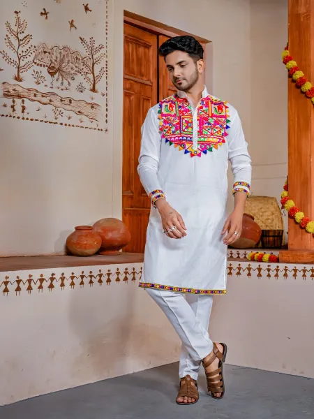 White Navratri Kurta for Mens in Cotton With Pajama and Gamthi Work with Real Mirror