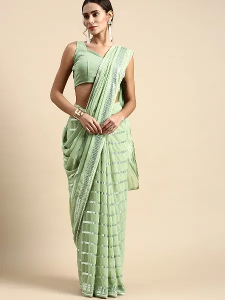 Mint Green Color Sequence Work Saree in Georgette With Piping Border for Party Wear
