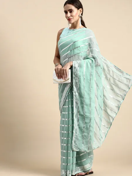 Sky Blue Color Sequence Work Saree in Georgette With Piping Border for Party Wear
