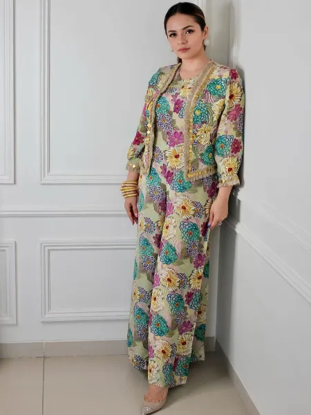 Multi Color Designer Jump Suit With Shrug and Digital Print in Khadi Cotton
