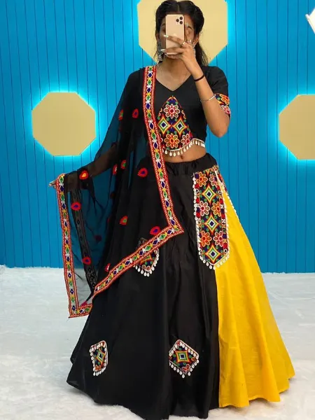 Black and Yellow Ready to Wear Navratri Lehenga Choli in Cotton With Gamthi Work