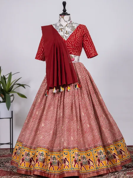 Red Color Cotton Lehenga Choli With Digital Print and Foil Work With Dupatta