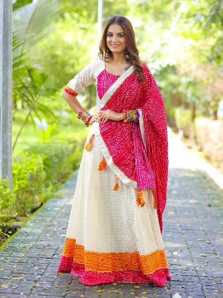 Pink Color Navratri Ready to Wear Lehenga Choli With Weaving and Bandhani Print