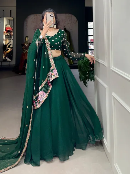 Green Designer Lehenga Choli With Beautiful Embroidery Blouse and Dupatta