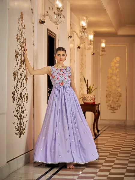 Lavender Designer Gown With Thread and Sequence Embroidery Work for Wedding Reception