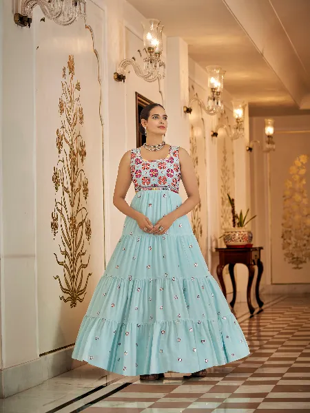 Sky Blue Designer Gown With Thread and Sequence Embroidery Work for Wedding Reception