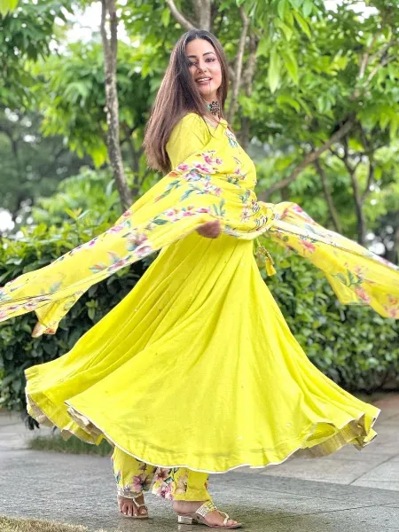 Heena Khan Yellow Gown for Haldi Ceremony Gown With Digital Print Pant and Dupatta