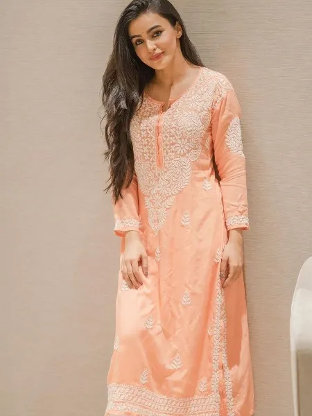 Peach Color Rayon Salwar Suit With Cotton Thread Work and Palazzo Set