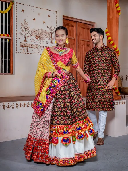 Navratri Ready to Wear Couple Combo  With Kutchi and Real Mirror Work Lehenga Choli With Kurta Pajama