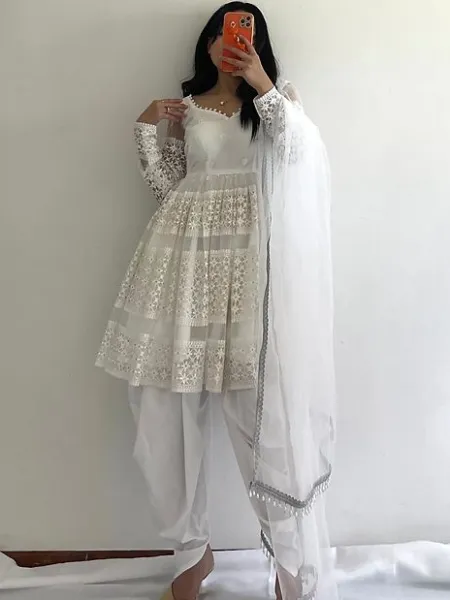 White Color Georgette Top With Dhoti Salwar and Dupatta With Embroidery Work