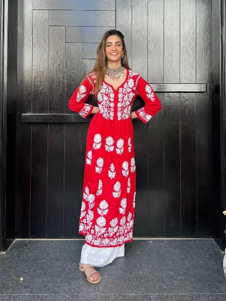Red Color Top and Palazzo Set in Georgette With Embroidery Work