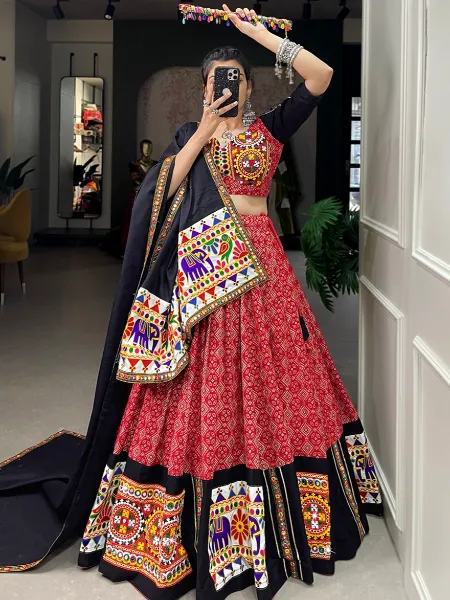 Red Navratri Ready to Wear Lehenga Choli With Print Gamthi Work and Real Mirror Work